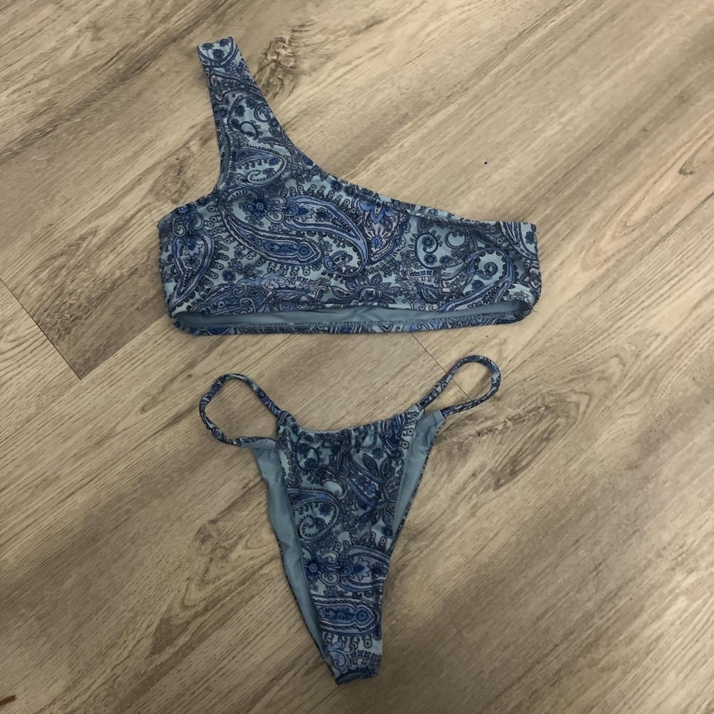 Frankie’s Bikinis Blue Paisley One-Shoulder Bikini